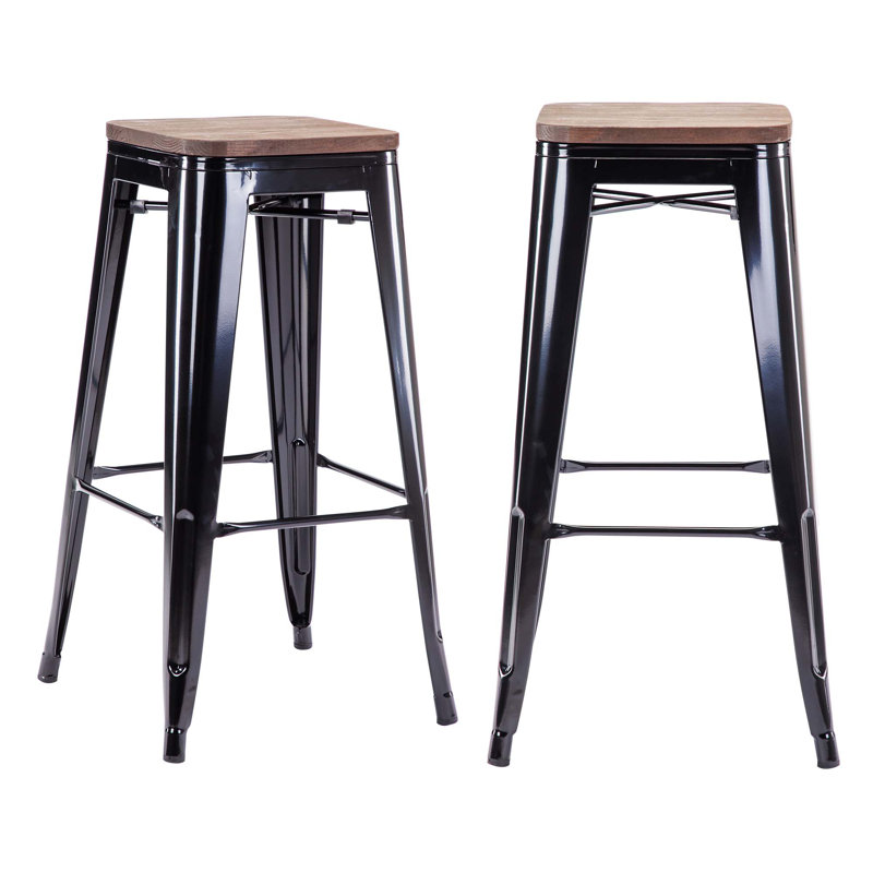 Stainless Steel Outdoor Stool, Glossy Black/Light Brown
