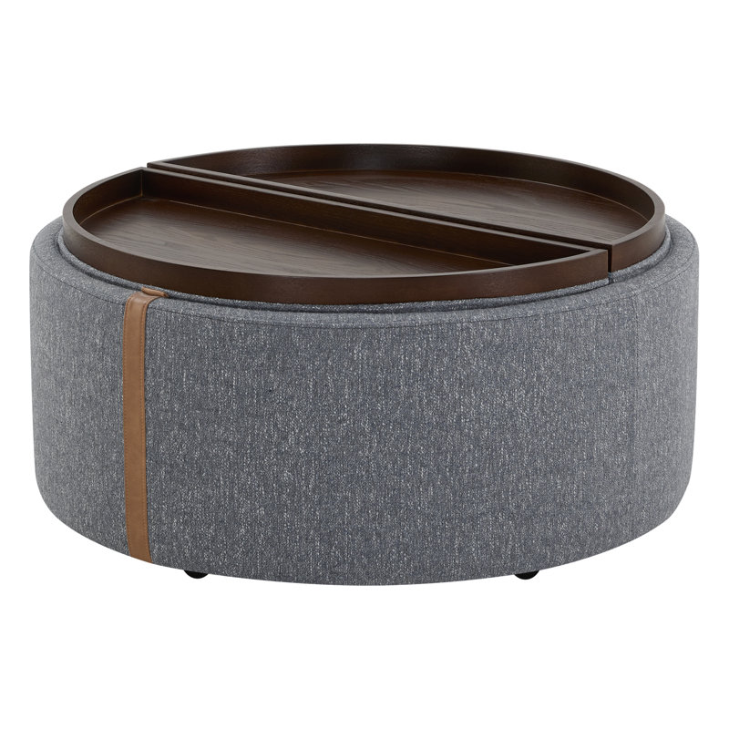 Koehn 35.8" Round Upholstered Reversible Wood Top Storage Ottoman, Gray