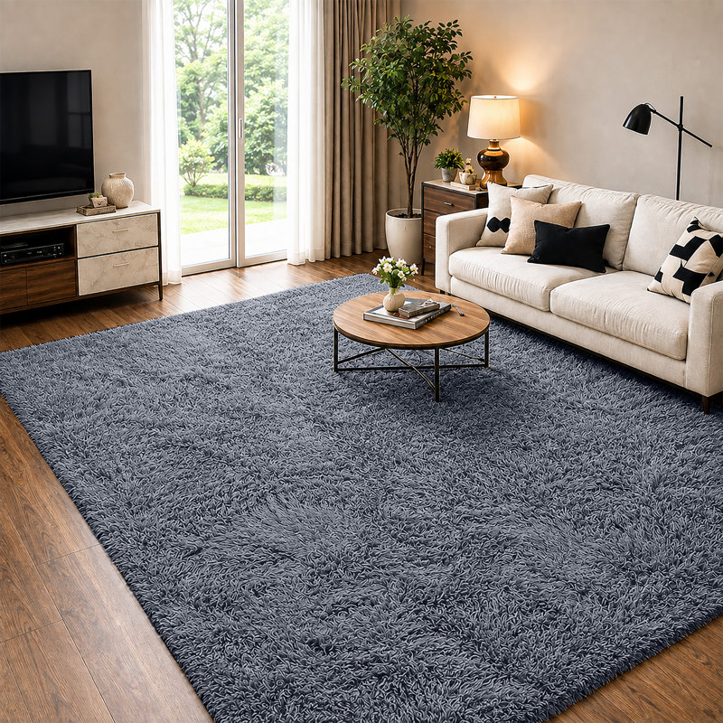 Soft Fluffy Living Room Large Area Rug, Grey, Rectangle 200 x 290 cm