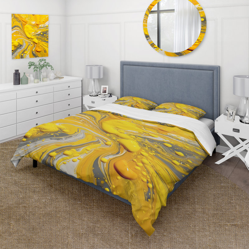 Ensemble de housse de couette abstrait jaune et gris Cosmic Vibations I - polyester microfibre
