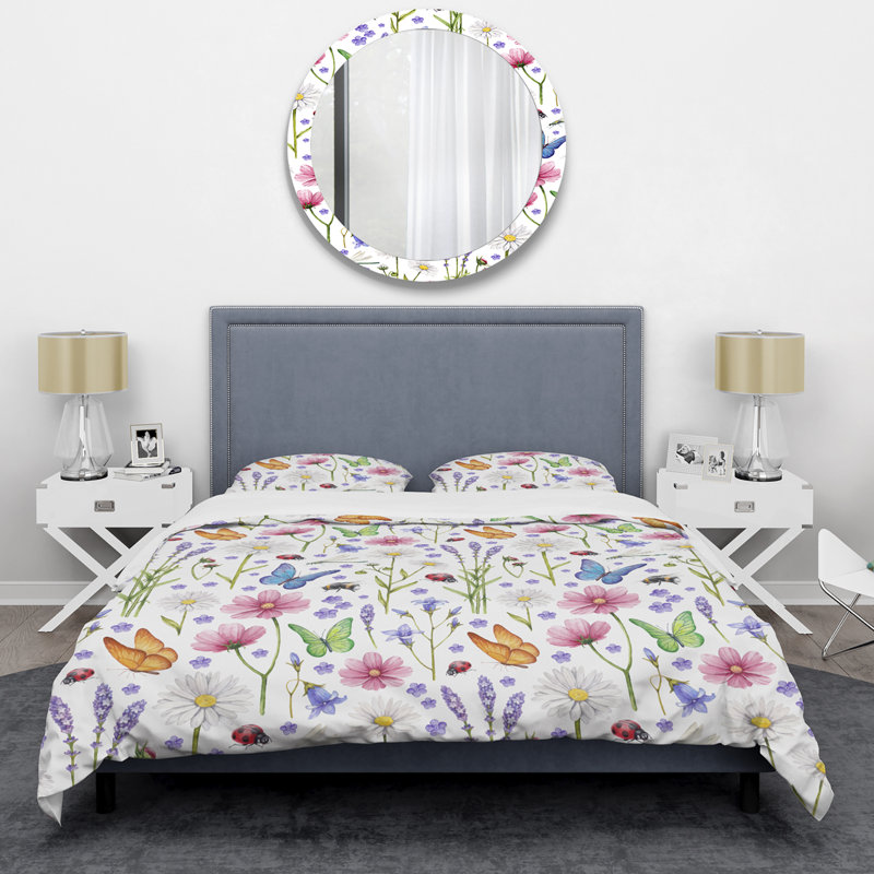 Colorful Flowers Amd Insects Floral Duvet Cover, King Duvet Cover + 2 King Shams