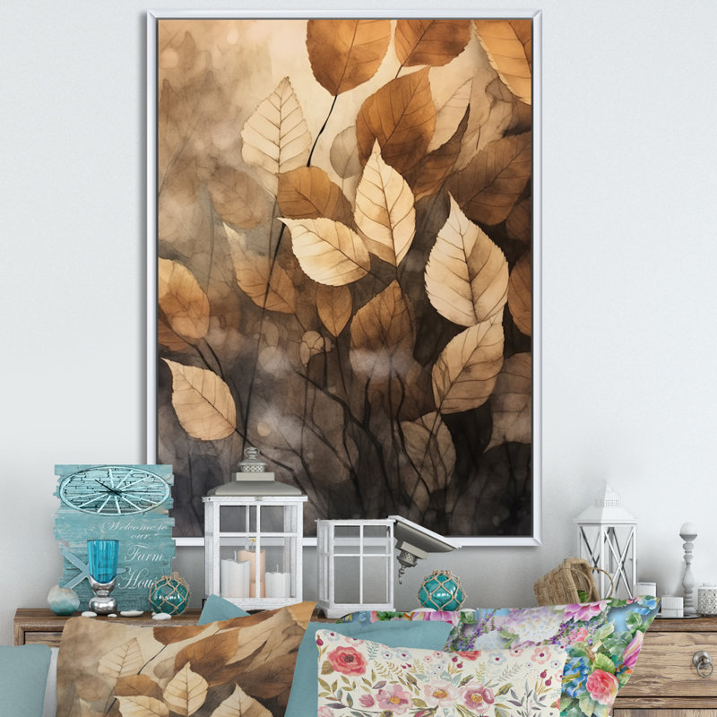 Art mural sur toile botanique, impression de feuille beige brun - Harmonie des feuilles beige brun, Cadre flottant blanc