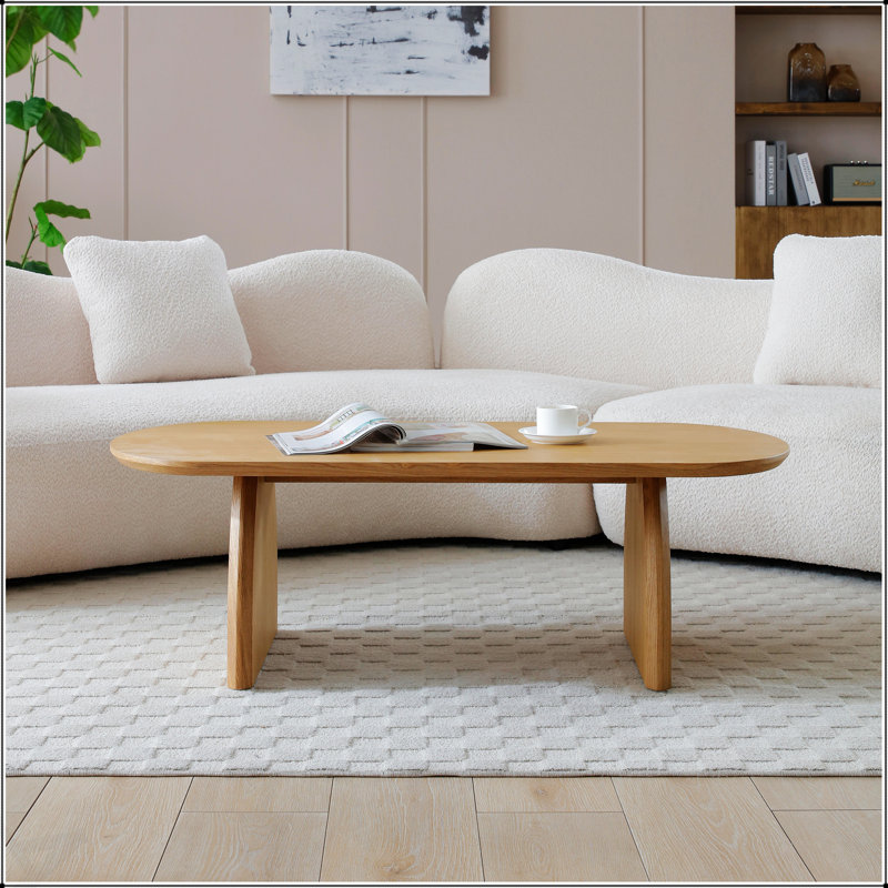 Table basse ovale de 47,24 pouces avec placage en bois massif, centre de table moderne en bois naturel pour le salon