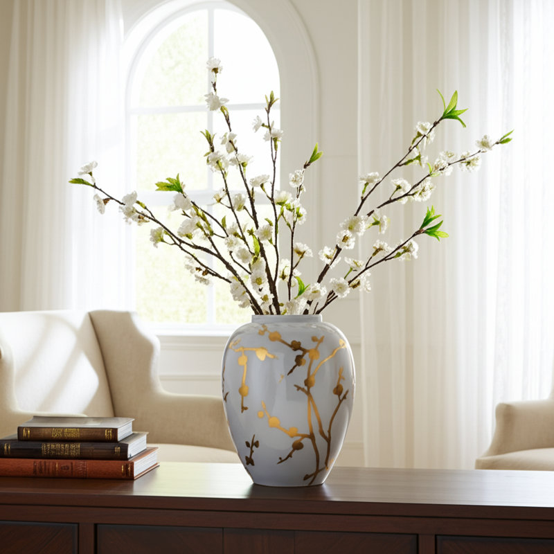10" Gold Branches Vase, White