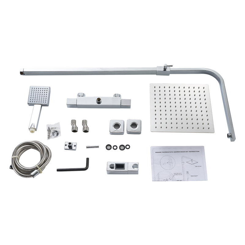 Chrome Rainfall Thermostatic Shower Mixer Set Square with Overhead & Handheld Shower Head, Chrome