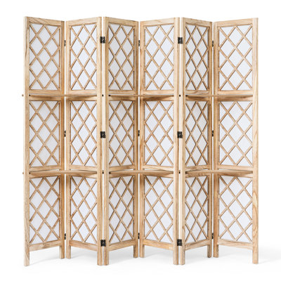  6 Panel Room Divider Privacy Screen with Storage Shelves Foldable with Natural Paulownia Wood Frame Diamond Pattern Non-Woven Fabric for Living Room, Bedroom, Office Espresso & White