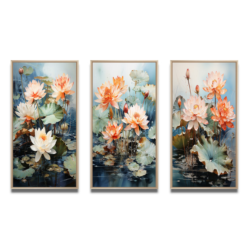«Asian Art Lotus Pond», 3 pièces, Encadré naturel, H 20 po x l 36 po
