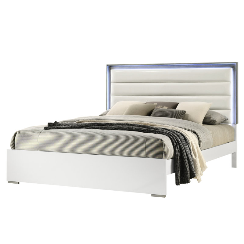 Lit double contemporain avec tête de lit à DEL et construction en bois blanc de luxe