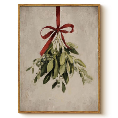 Vintage Christmas Holiday Mistletoe with Red Bow Wall Art, 12x16