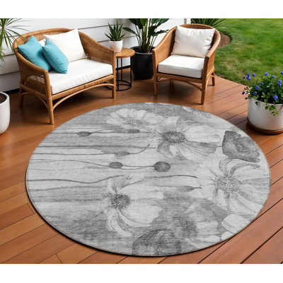 8' Grey Charcoal Round Floral Washable Indoor Outdoor Area Rug