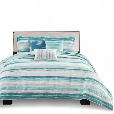 Ensemble de courtepointe 6 pièces avec coussins décoratifs imprimés, turquoise, pleine grandeur