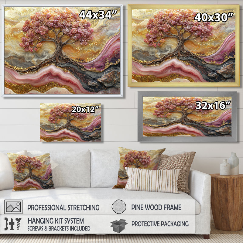 Art rose sur toile rose, marbre doré infini, arbre de vie III, Reproduction d'une seule photo avec cadre, H 12 po x l 20 po
