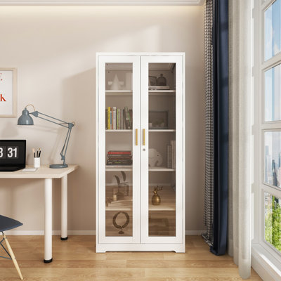 Display Cabinet with Glass Doors, White 71'' Tall Curio Cabinets with Lock, Metal Glass Display Case for Collectibles, Living Room, School, Commercial