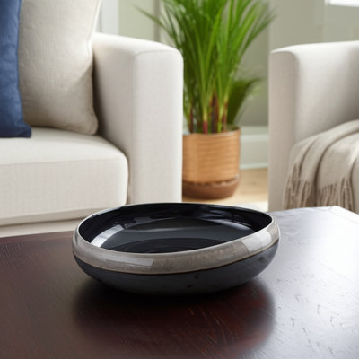 Decorative Round Glazed Bowl with Two Tone Finish - Modern Accent Bowl for Home Decor, Coffee Table, or Kitchen Counter - 14", Tan & Blue