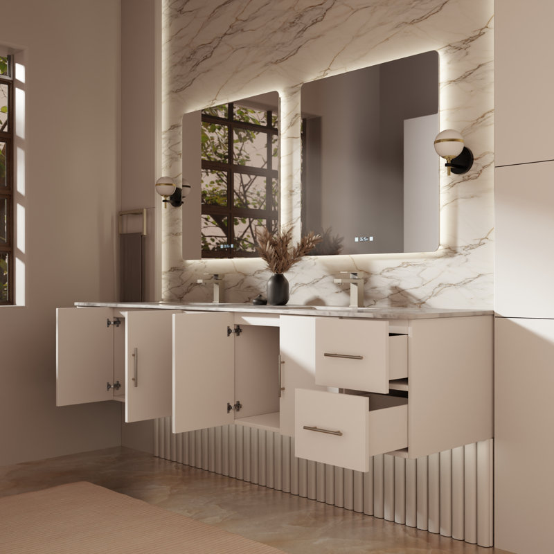 Ensemble de meuble-lavabo double mural 84 "avec miroir Geneva, Blanc lustré, Marbre de Carrare blanc