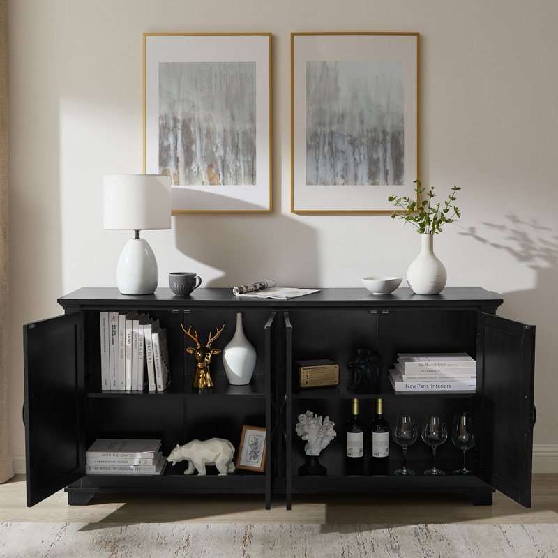 63" Sideboard Buffet With 4 Carved Doors, Modern Storage Cabinets With Adjustable Shelves For Kitchen, Living Room, Black