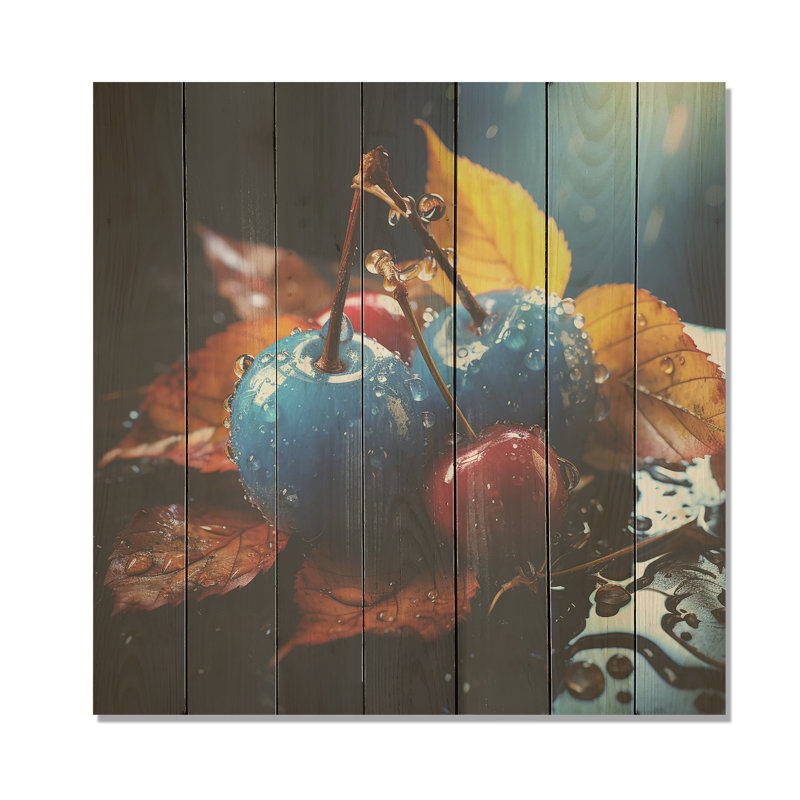 Verre bleu cerisier automnal - Cerisier sur bois, H 15 po x l 15 po