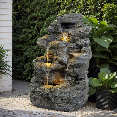 5-Tiered Concrete Tall Slim Fountain, 23.85"H –LED-Lit Column, Space-Saving Modern Outdoor Accent, All-Weather Resistant