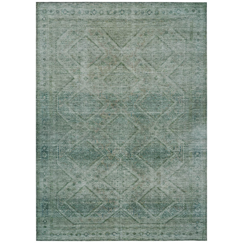 Tapis intérieur / extérieur 8 pi x 10 pi bleu sarcelle et ivoire à motif géométrique lavable