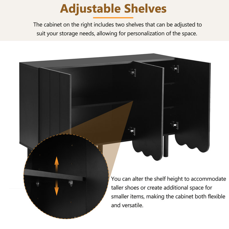 Cream Style Minimalist Shoe Cabinet With 5 Solid Wood Legs, Sideboard Buffet Cabinet With Adjustable Shelves, Large Storage Cabinet With Wave Doors For Living Room