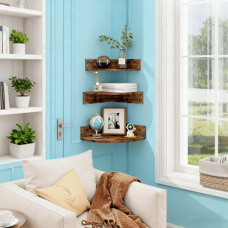 Floating Corner Shelves Set Of 3 With Cable Hole, Wall Mounted Storage Display Shelves For Bathroom Kitchen Living Room Bedroom Office
