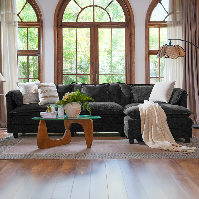Canapé modulaire rembourré réversible en L de 113 po avec repose-pieds Amabilia, Chenille noir