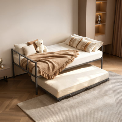 Lit de jour simple avec couchette escamotable en métal pour lit simple, cadre rectangulaire, pour salon, chambre d'amis, peu encombrant, support de canapé-lit en métal robuste, 2 roulettes verrouillables, assemblage facile, noir