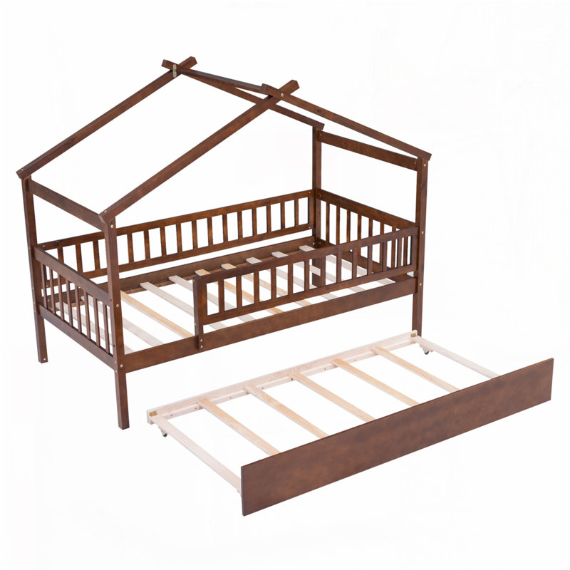 Lit en bois avec lit gigogne simple, Simple, Noyer