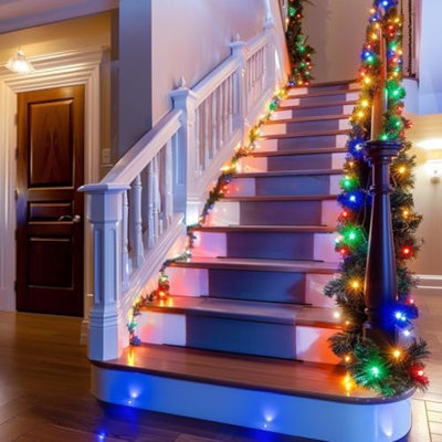 30 FT Pre-Lit Christmas Garland Decorations, 100 LED Lighted Artificial Pine Garlands with 8 Modes, Green Garland for Indoor Outdoor Door Home Stairs Holiday Decor, Multi-Colored