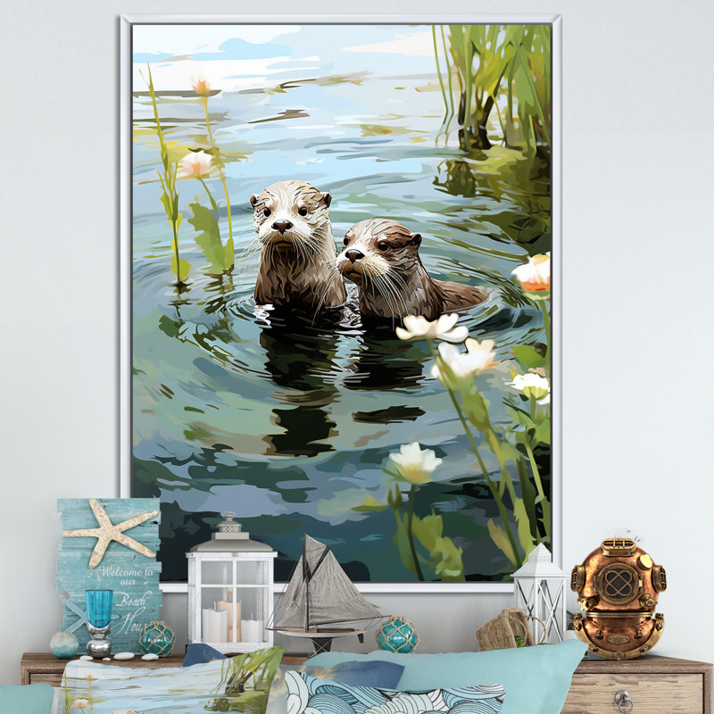«Otters Playtime - Coastal Animal», art mural, Cadre flottant blanc, H 32 po x l 16 po