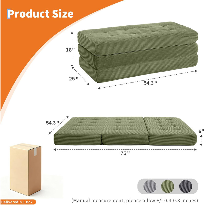 Canapé-lit de plancher pliable avec mousse de soutien à haute densité, matelas pliable de 6 pouces