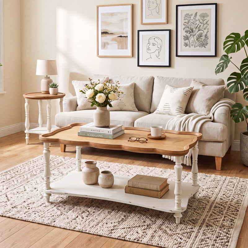 39.4" W scalloped  Coffee Table, 2-Tier Wood vintage Center Table with Storage Shelf, Turned Legs, Distressed Finish