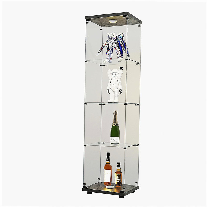 Vitrine à DEL avec 4 tablettes vitrées avec porte et bibliothèque de plancher pour le bureau de la chambre à coucher, 64,7 po x 16,7 po x 14,3 po