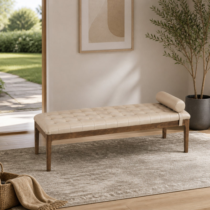 Banc de lit capitonné en similicuir, banc de chambre rembourré avec traversin et pieds en bois robuste