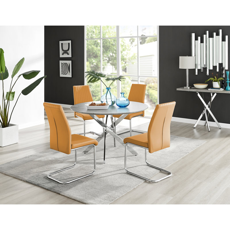 Tierra Modern Chrome Metal & Glass Round Dining Table Set with 4 Upholstered Faux Leather Chairs, Yellow/Silver