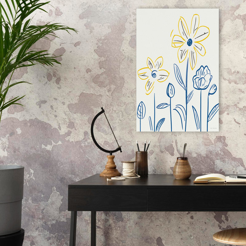 Floral harmonie - fleurs jaunes minimalistes contemporaines, tiges bleues, art, H 24 po x l 16 po