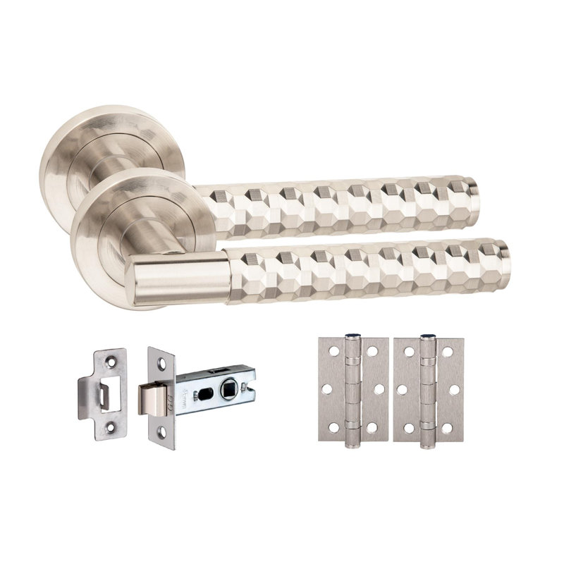 Golden Grace 6 Set Knurled Hex Cut T-Bar Door Handle Set Satin Nickel Finish with Ball Bearing Hinges and Latch