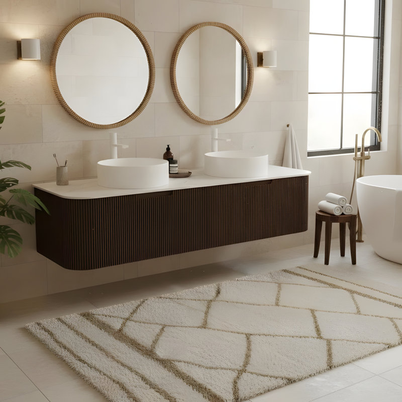 Meuble-lavabo flottant mural 60 po avec 2 lavabos ronds blancs en céramique et 2 tiroirs, 60"