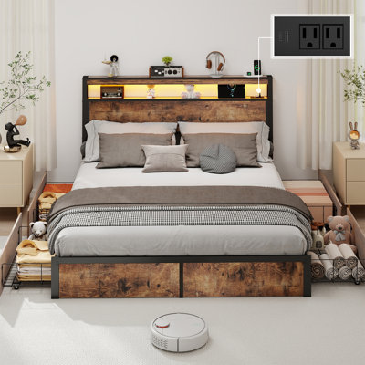 Hugo Bed Frame with 4 Storage Drawers and 2-tier Solid Wood Headboard Storage With Charging Station and LED Lights, Noise Free
