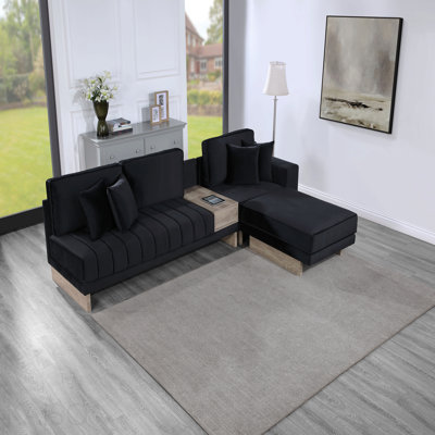 122.5"W Black Velvet Reversible Sectional Sofa Ottoman With Storage Compartment, Drawer, Usb Ports, Charging Outlets