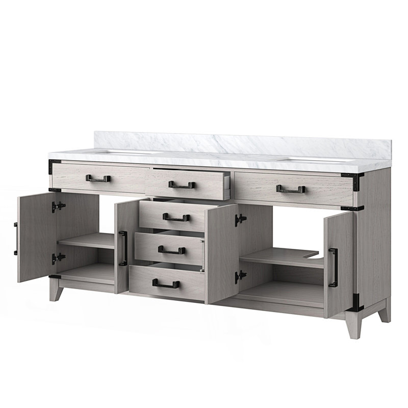 72 po X P 22 po Meuble-lavabo double D avec comptoir en marbre de Carrare, Chêne blanc, 72"