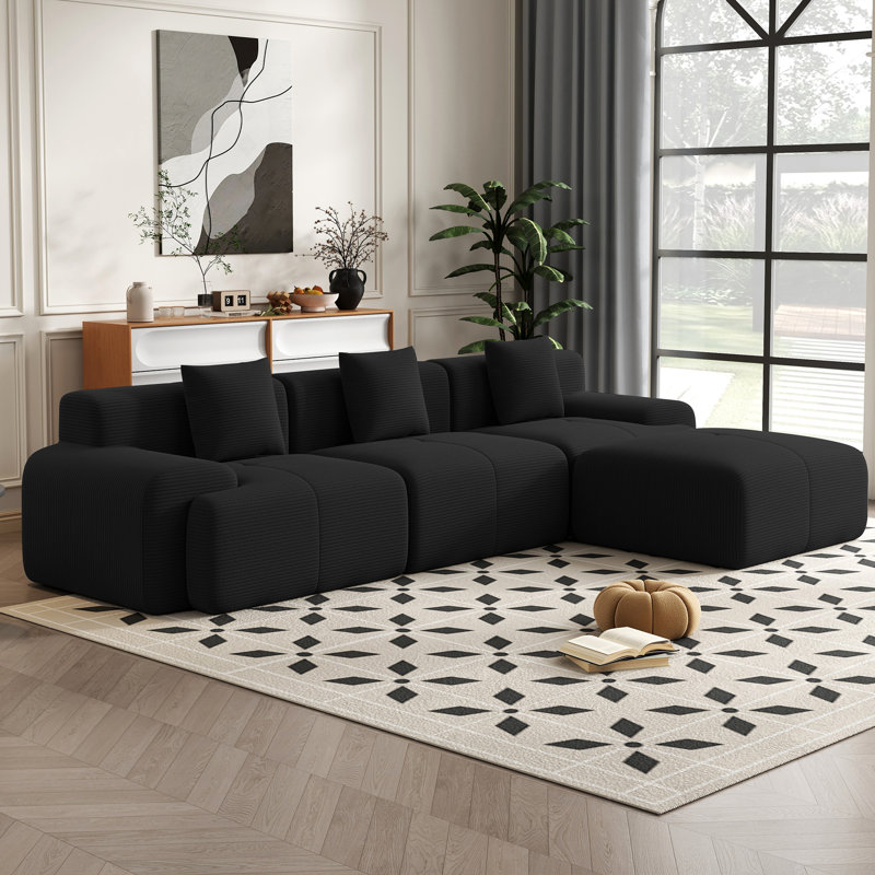 Boneless 120''W Mordern Design L Shpaed Corduroy Sectional Sleeper Compression Sofa With Ottoman, Black