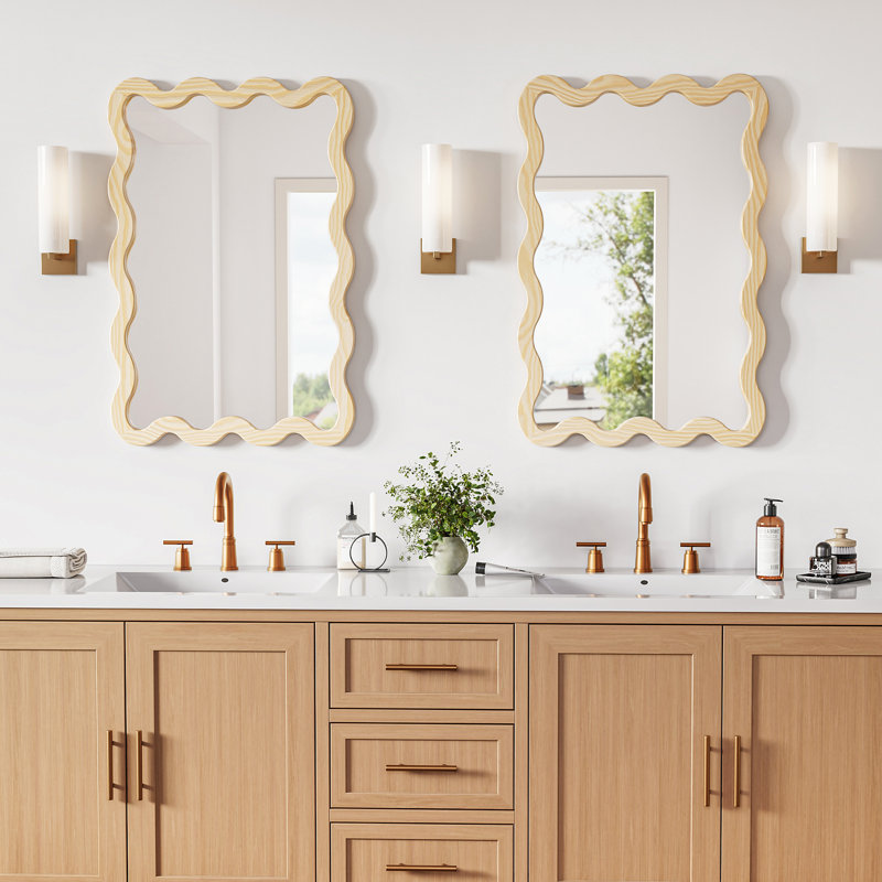Modern Wavy Solid Wood Framed Wall Mirror for Bedroom, Entryway and Vanity, Warm Natural Wood, 30" x 22"