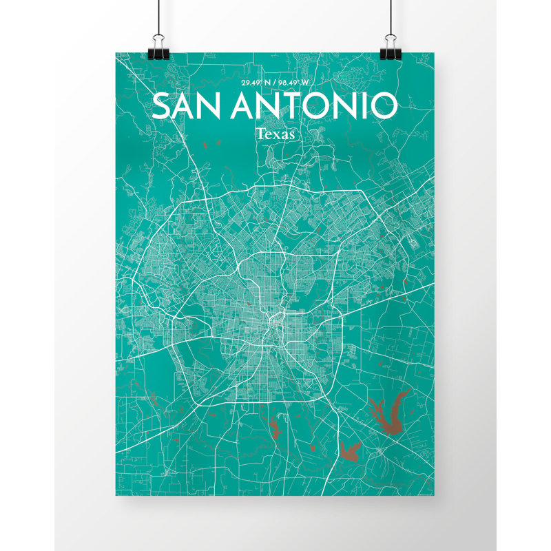 San Antonio City Map 1 Piece Wall Art, 70cm H x 50cm W x 0.13cm D