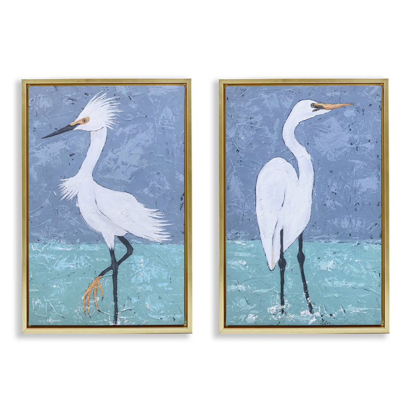 «Snowy Egret Pond», ensemble de 2 toiles flottantes encadrées noires par Jade Reynolds, Cadre flottant métallique doré
