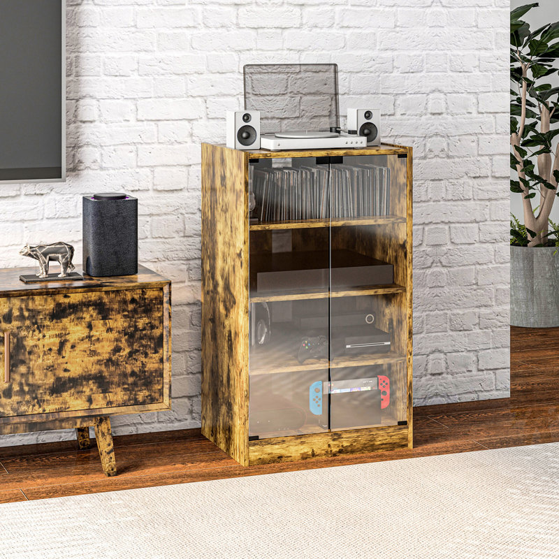 Rustic Brown Media Storage Cabinet - 4 With Adjustable Shelves, Tempered Glass Doors For Player, Receiver, Gaming Console, Electronics, Laptop Storage, Cabinet, Door, Cable Management Electronics And