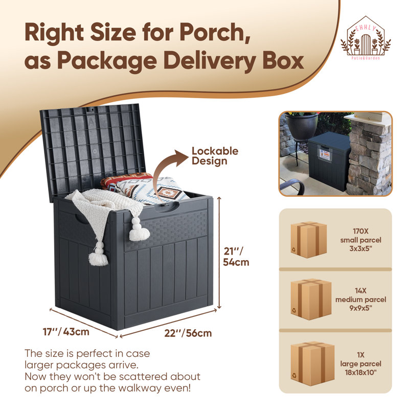 EHHLY 33 Gallon Deck Box, Small Outdoor Storage Box Waterproof, Lockable Secure Package Bin Delivery Box for Outside Front Porch, Delivery Driver Snack Box for Porch