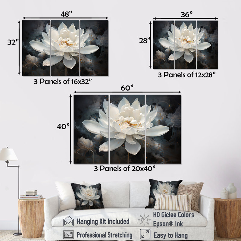 Serenity Blossum Lotus - ensemble d'art sur toile de lotus, H 40 po x l 60 po x P 1 po