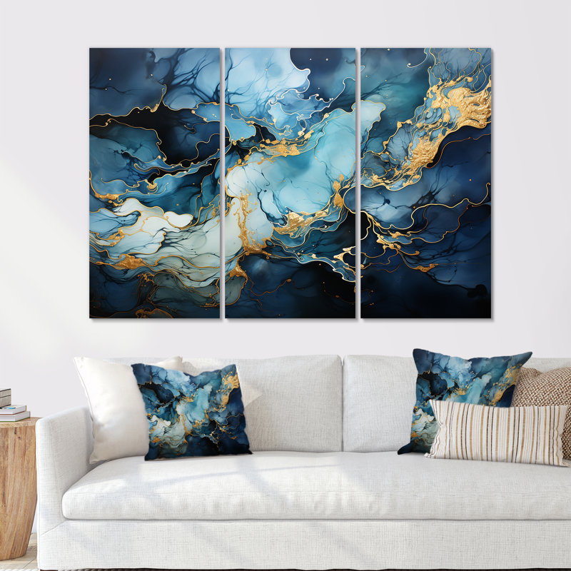 «Blue and Gold Abstract Hurricane I - Storms», ensemble d'art mural sur toile, H 28 po x l 36 po x P 1 po, Toile tendue