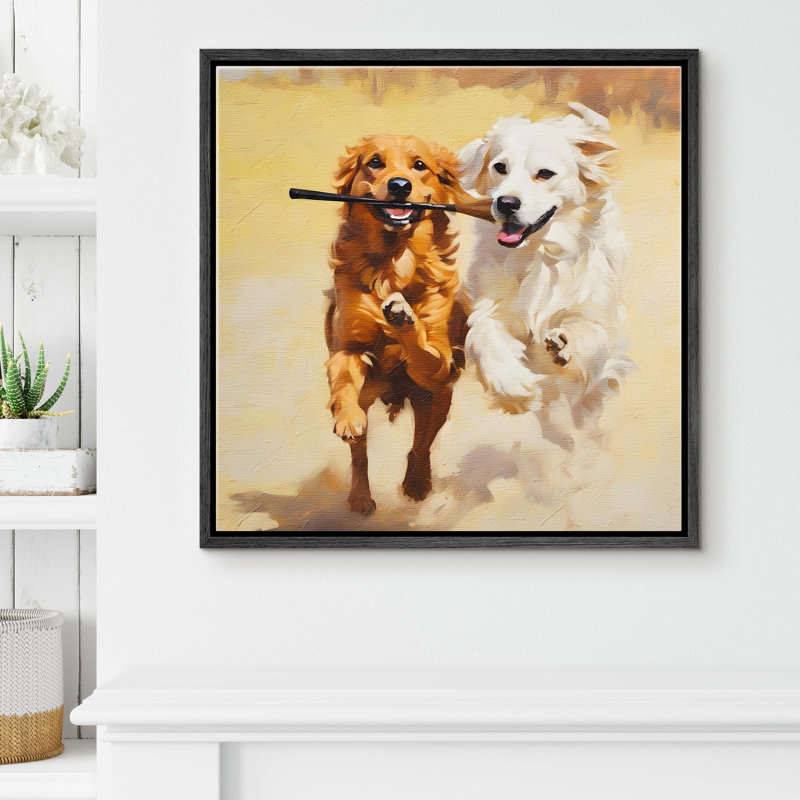 «Joyful Dogs jouer un bâton», reproduction d'art sur toile encadrée, Noir, H 24 po x l 24 po